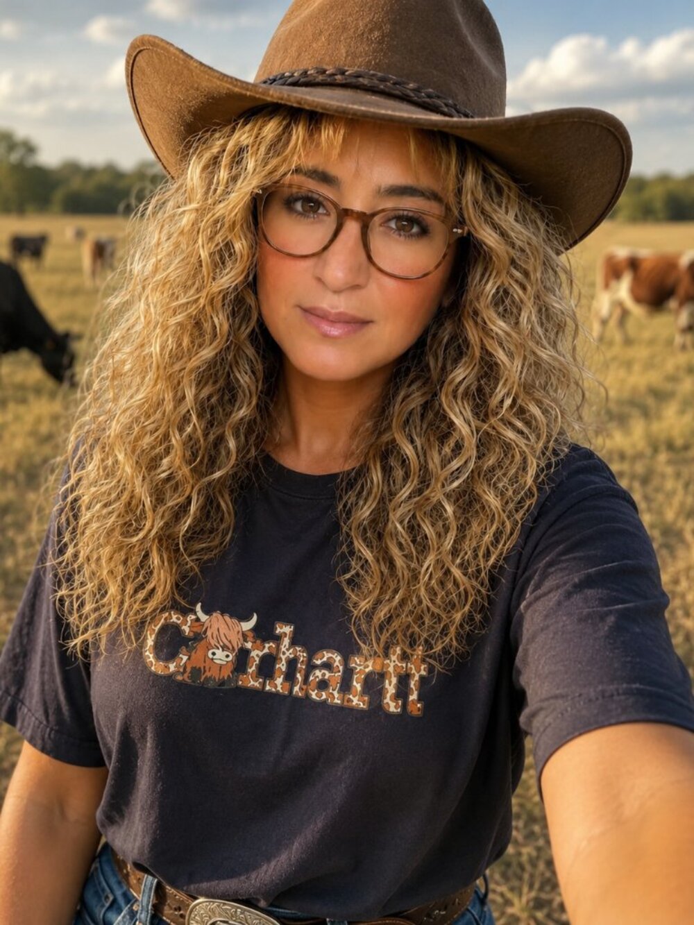 NEW Large Carhartt Women's Highland Cow Black Shirt Short Sleeve Pullover Top